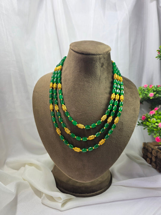Forest Green Triple-layer Pearl Mala With Golden Beads