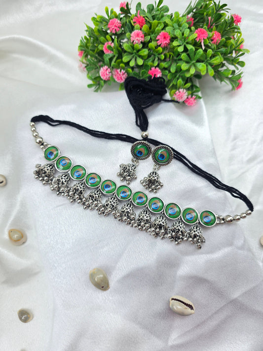 Peacock Feather Oxidised Choker Set