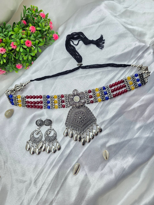 Red, Yellow & Blue Beads Oxidised Choker Set