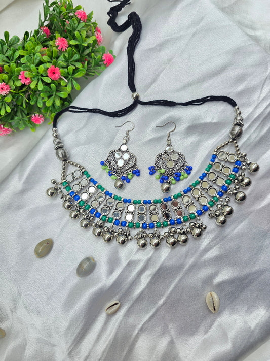 Blue and Green Pearl Oxidised Choker Set