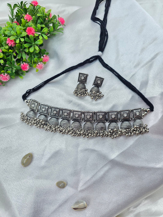 Square Motif Oxidised Choker Set