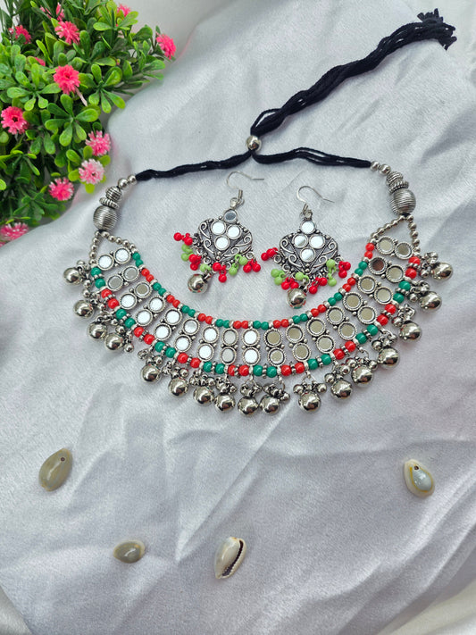 Red and Green Pearl Oxidised Choker Set