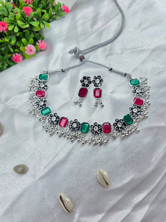 Pink and Green Stone Floral Oxidised Choker Set