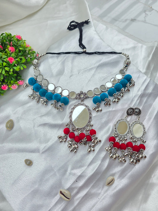 Blue And Red Velvet Beads Mirror Oxidised Choker Set
