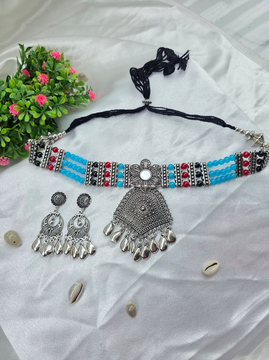 Turquoise & Red Beads Oxidised Pendant Choker