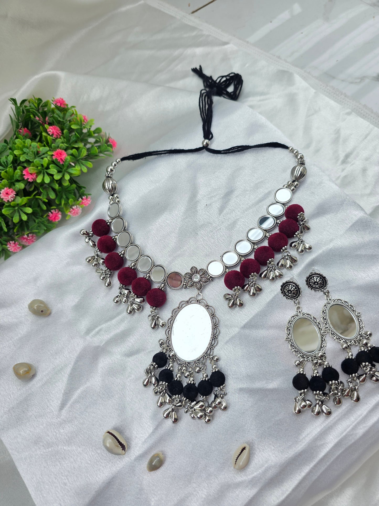 Maroon And Black Velvet Beads Mirror Oxidised Choker Set