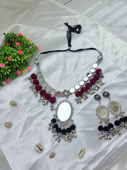 Maroon And Black Velvet Beads Mirror Oxidised Choker Set