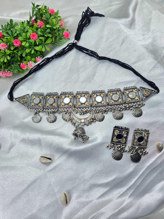Mirror Glow German Silver Choker Set