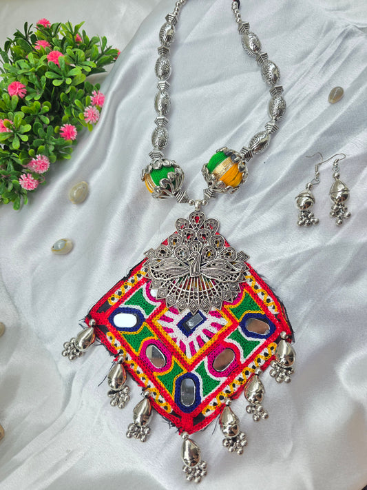 Festive Peacock Charm Oxidised Necklace