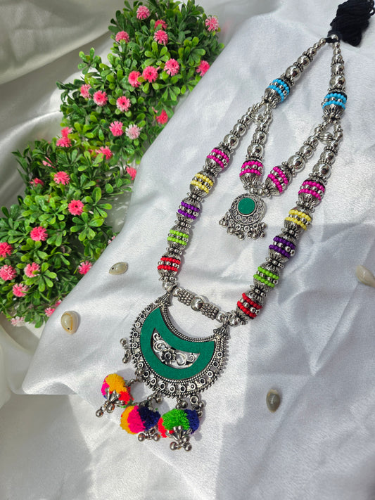 Green Navrang Tassel Oxidised Necklace