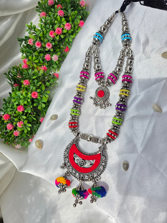 Red Navrang Tassel Oxidised Necklace