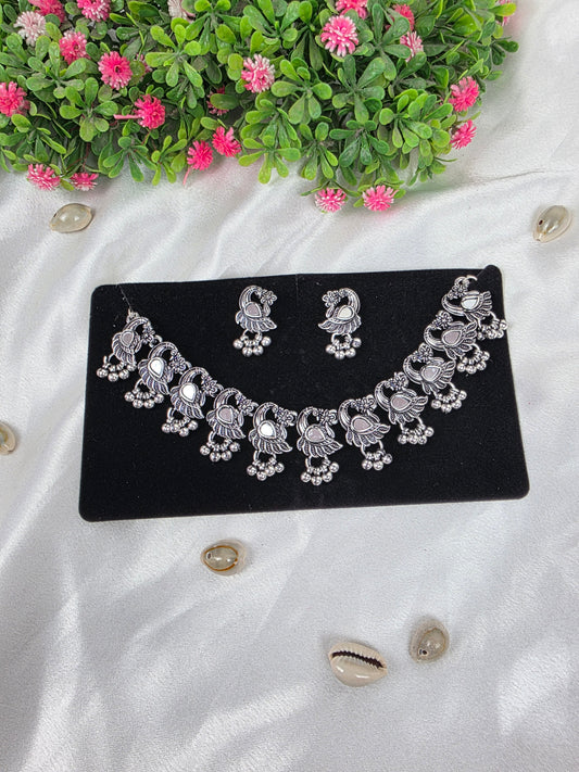 Peacock Mirror Oxidised Choker Set