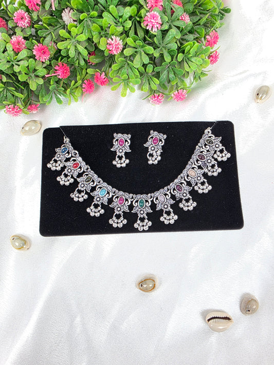 Multicolour Stone Floral Oxidised Choker Set