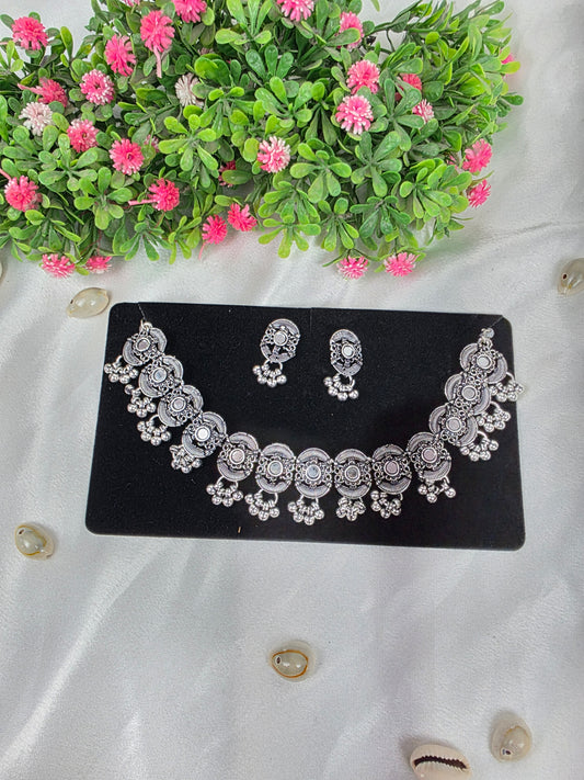 Floral Mirror Oxidised Choker Set