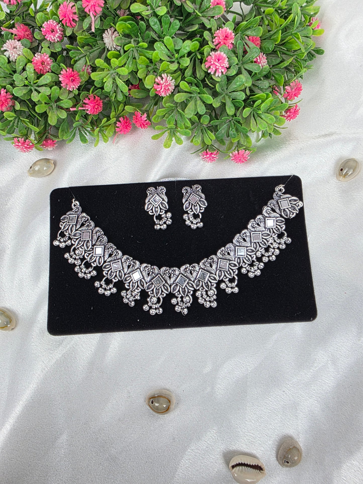 Square Mirror Floral Oxidised Choker Set