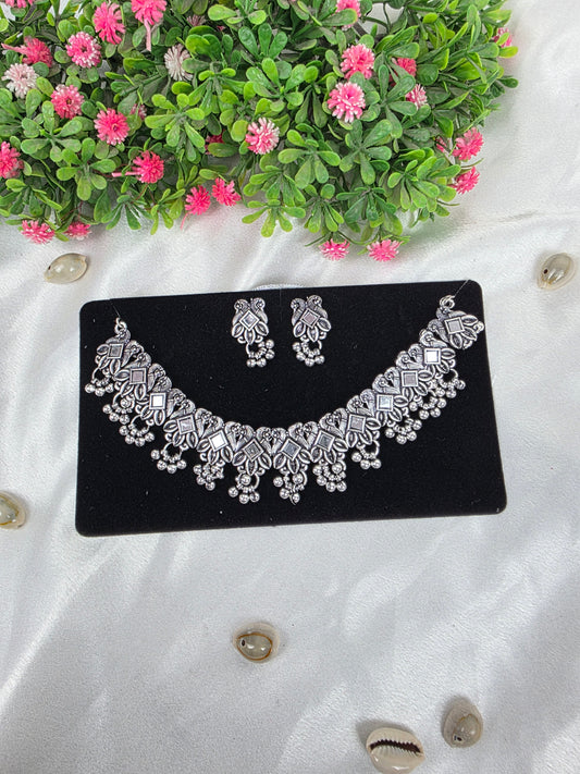Square Mirror Floral Oxidised Choker Set