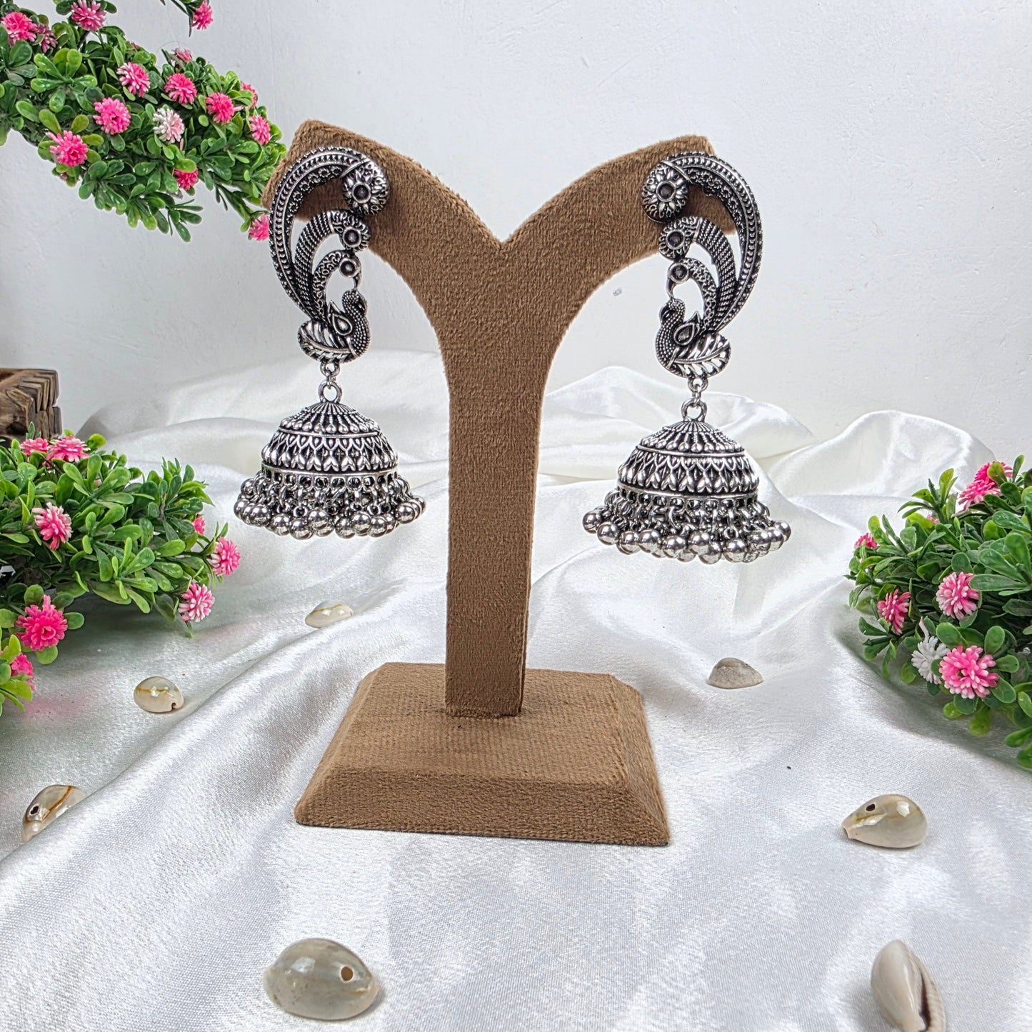 Peacock Feather Oxidised Earrings