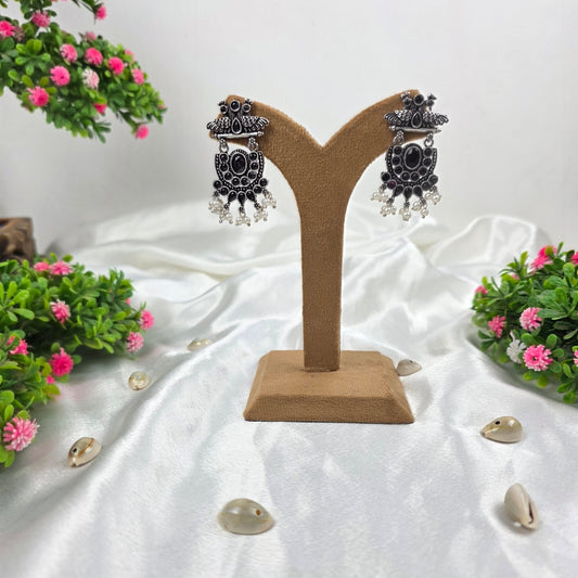 Black Stone With White Pearl Oxidised Earrings