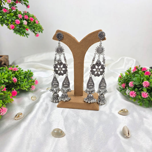 Flower Shape Long Oxidised Earrings