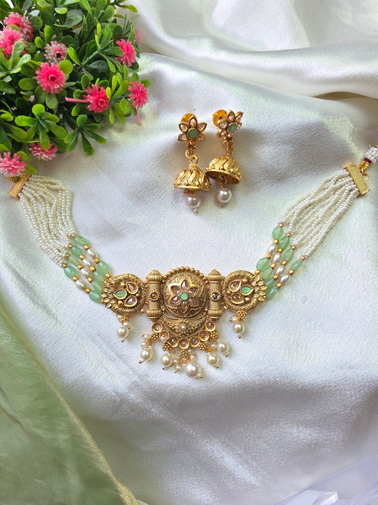 Lirona Green With White Pearl Choker Set