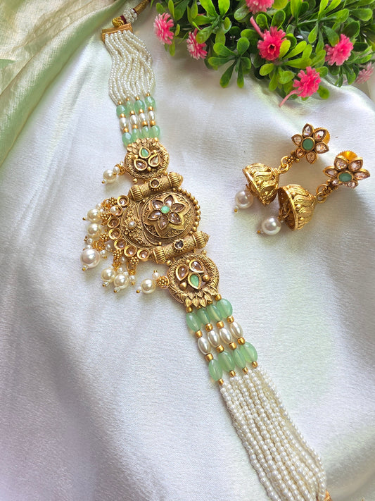 Lirona Green With White Pearl Choker Set