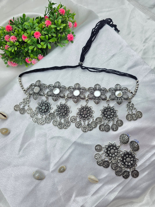 Flower Shape Oxidised Choker