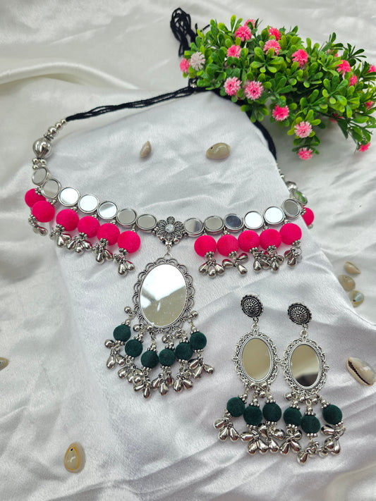 Pink And Green Velvet Beads Mirror Oxidised Choker Set