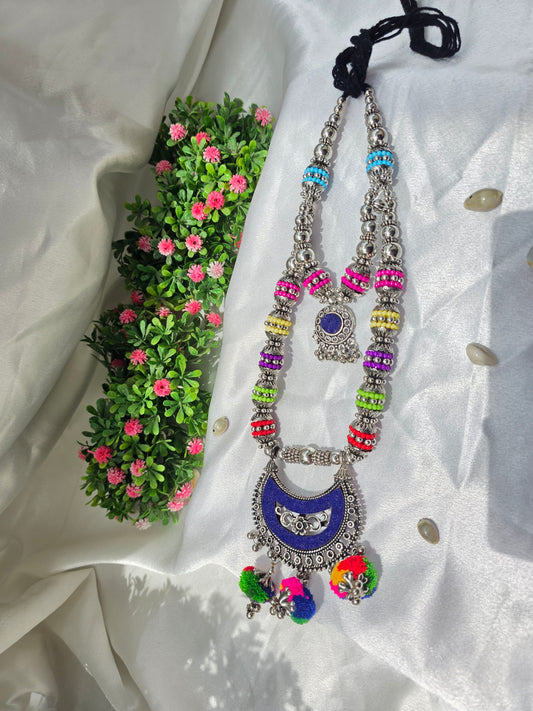 Blue Navrang Tassel Oxidised Necklace