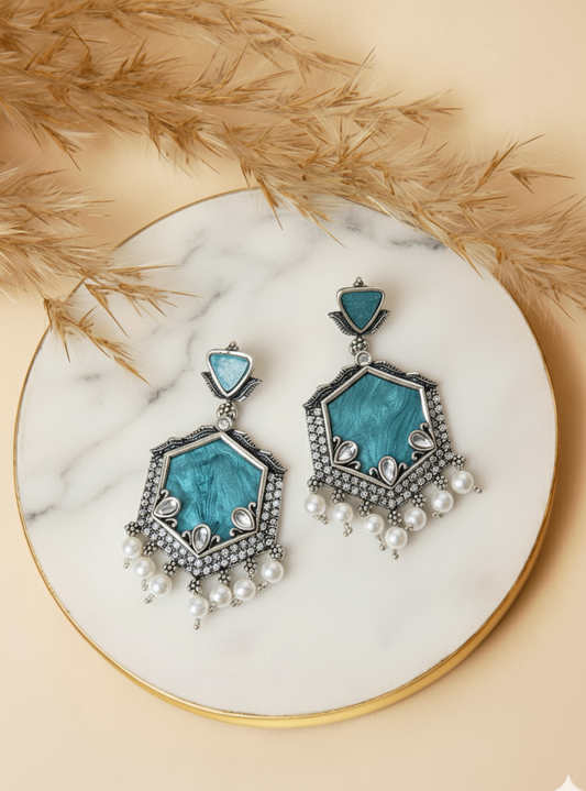Teal Blue Oxidised Earrings